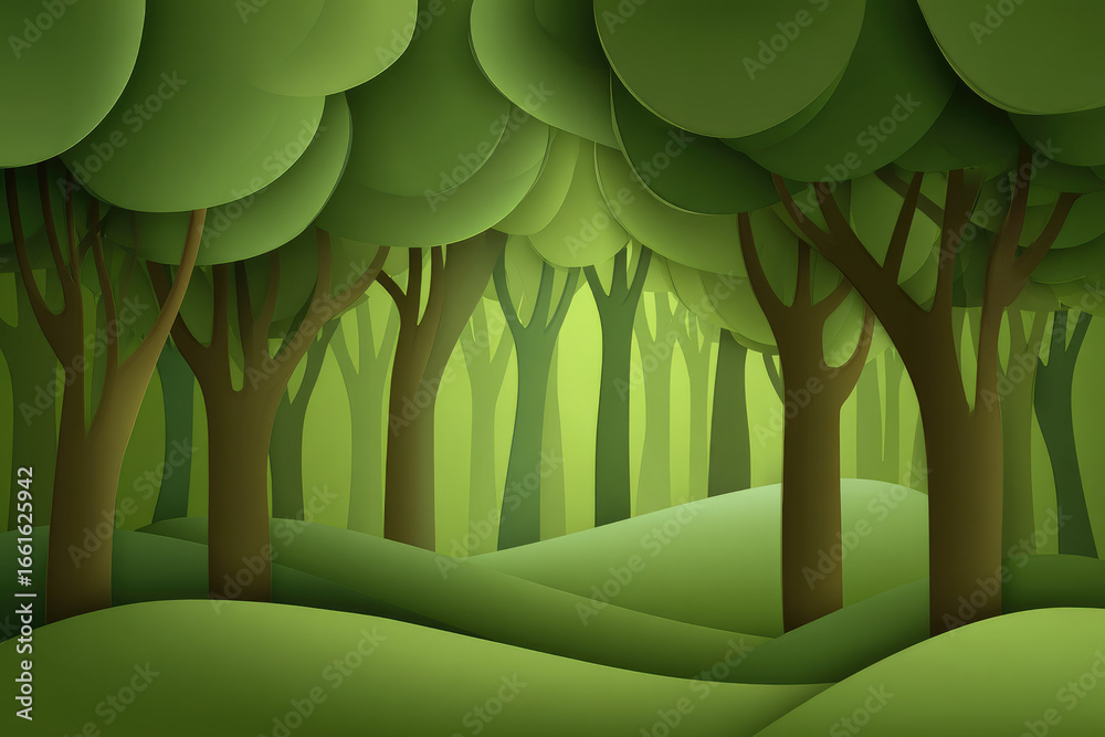 Obraz premium Lush green forest illustration with elegant abstract outlines, layered trees, and rolling hills, creating peaceful and serene atmosphere in stylized nature landscape