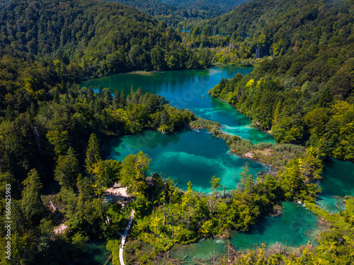 Aerial photography of Plitvice Lakes (Plitvička jezera) in Croatia (Hrvatska). Pedestrians and visitors walking over a wooden bridge between the lakes. Plitvice Lakes National Park.