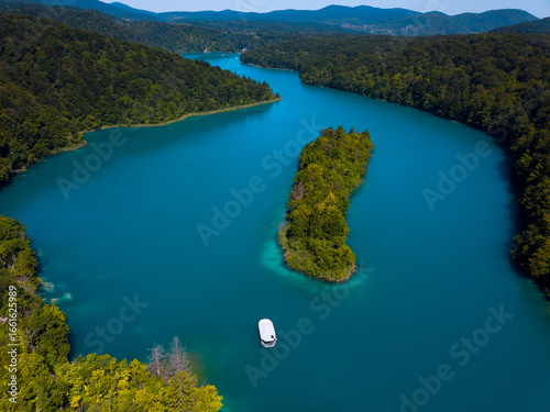 Plitvice lakes national park upper lakes and boat  aerial birds eye view, landscape of Croatia.