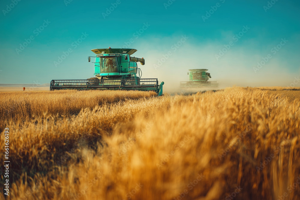 Fototapeta premium Green harvester working in wheat field under blue sky