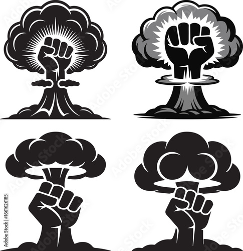 Fist emerging from nuclear explosion symbolizing power and resistance