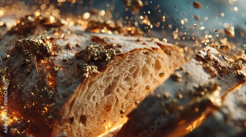 Close-up of freshly baked bread with golden crust, sprinkled with edible gold flakes, in a warm setting