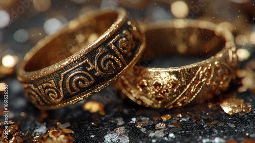Close-up of intricately designed gold rings resting on a textured surface with sparkling particles