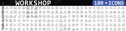 Workshop line icon set. Business, team building, teamwork, coaching, presentation, professional seminar. Outline vector icon in linear style.