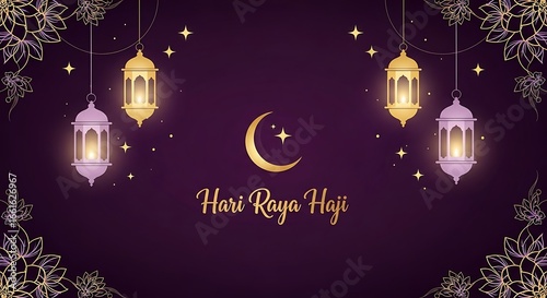 Festive Hari Raya Haji Greeting with Hanging Lanterns and Crescent Moon