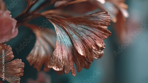 Close-up of metallic ginkgo leaves with a blurred background showcasing artistic design