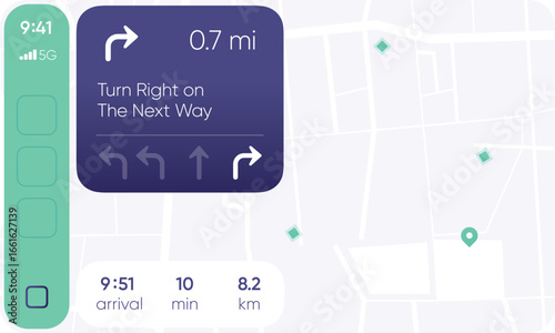 Car Navigation Map App UI. Dashboard Interface. Route Directions, Location Pin ETA. Interactive UX Design, Smart Mobility Travel Destination. Geo Driving Technology, Minimal GPS Road Map. Automobile