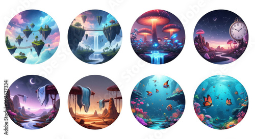 Wallpaper Mural Whimsical Dreamscapes: A Circular Collection of Fantasy Worlds in Digital Art Torontodigital.ca
