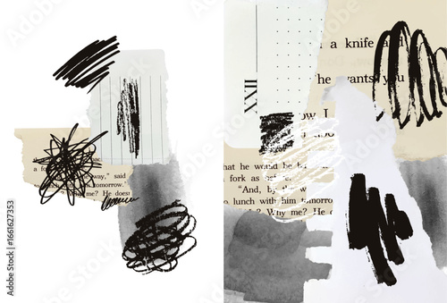 Neutral collage background for your creative zine design. Wall art poster in paper and crayon mixed media technique. Base for post, social media, advertising, cover or affiche. 