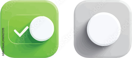 Vector Illustration of Two Rounded Square Buttons Showing Active Green Checkmark and Inactive Gray State with Toggle Knobs