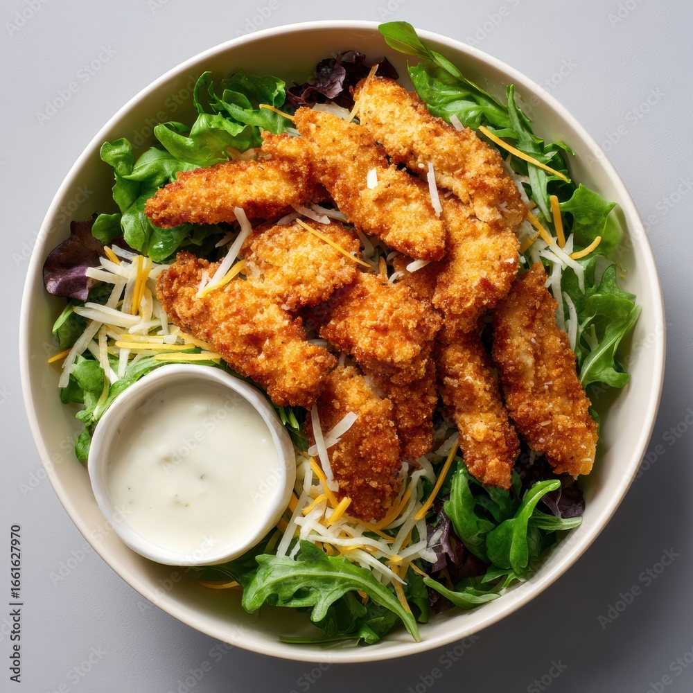 Fototapeta premium Fresh crispy breaded chicken tenders served on a bed of mixed salad greens with shredded cheese and a side of creamy dipping sauce in a white bowl