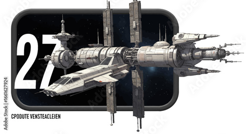 Futuristic space station design, docked spacecraft, number 27, orbital illustration.