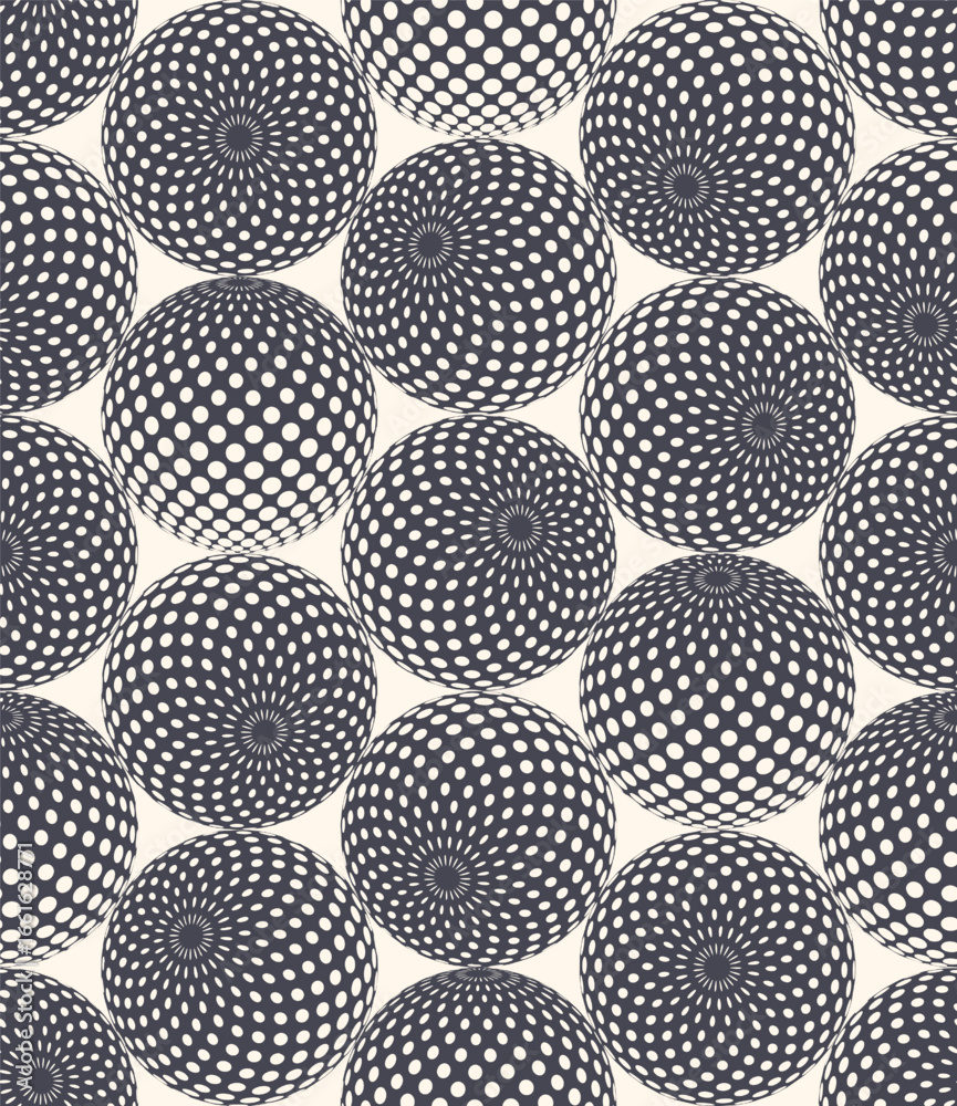 Halftone dots patterned 3d balls in different positions seamless vector mesmerizing black white abstract background. Half tone graphic boundless impressive abstraction for backdrops or wallpapers