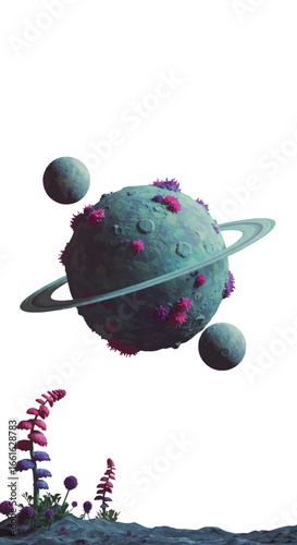 A vibrant, textured alien planet with rings and pink growths, orbited by two moons, above a stylized landscape with exotic flora.