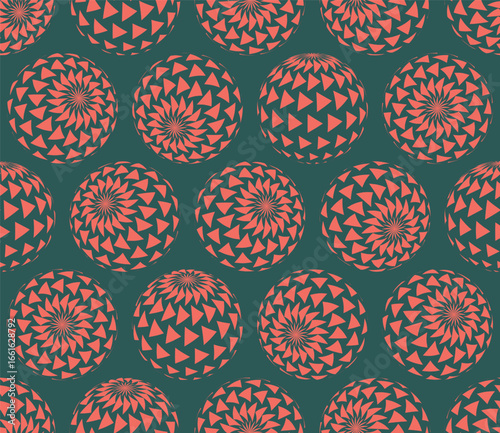 Triangles halftone patterned 3d balls in different positions psychedelic art style seamless vector red green abstract background. Mesmerising graphical abstraction. Acid trip crazy loopable wallpaper