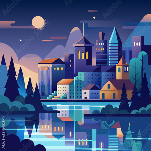 Cityscape Reflections at Night: A stunning digitally crafted illustration showcases a vibrant city skyline reflecting on a calm body of water.