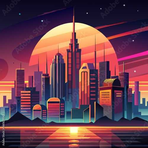 Retro Metropolis Silhouette: The image encapsulates a neon-drenched metropolis, under a vibrant sun, radiating an aura of technological modernity. Captivating in its radiant art style.