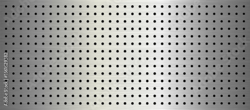 Seamless vector metal pegboard texture. Light gray brushed metal with uniform round perforations. Industrial or modern workshop style.