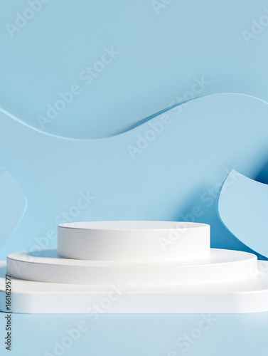 Elegant product display on a minimalist design podium, set against a serene pastel blue background, perfect for showcasing new items.