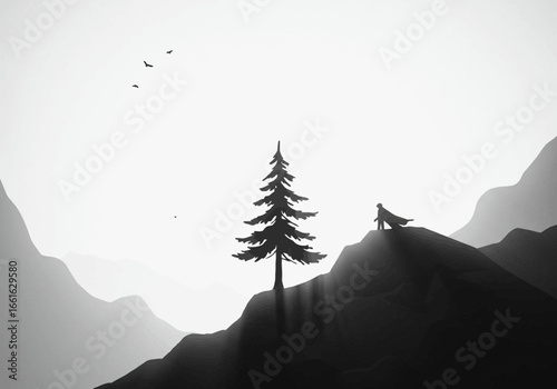 Silhouette of a wolf howling at the moon on a misty mountain peak beside a solitary pine tree with birds flying in the distance.