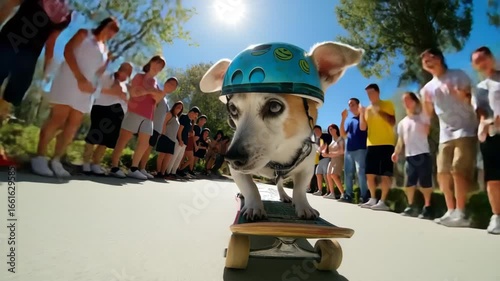 Cinematic action shot of an adorable dog riding a skateboard through a cheering crowd, joyful, playful pet balancing with speed and agility, urban street stunt full of energy and fun.

