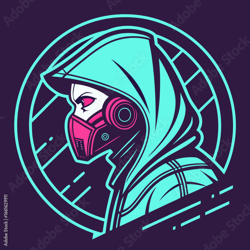 A cyberpunk warrior with a mask and hood in a neonlit dystopian city