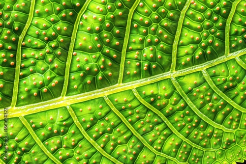 The bright green leaf displays intricate veins and tiny bumps, illuminated by sunlight. The details highlight the leaf's structure and natural beauty, indicating a healthy plant.