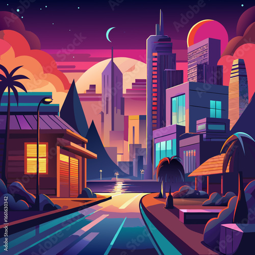 Cityscape at Sunset: An eye-level perspective of a vibrant city bathed in the warm hues of sunset. Featuring modern skyscrapers and lush green spaces.