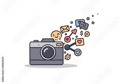 A stylized camera illustration with social media icons emanating from it, suggesting photography and online sharing.