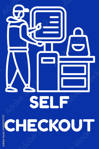 Vector illustration of a self checkout sign with person using touchscreen terminal and shopping bag on counter, modern retail store automation concept.