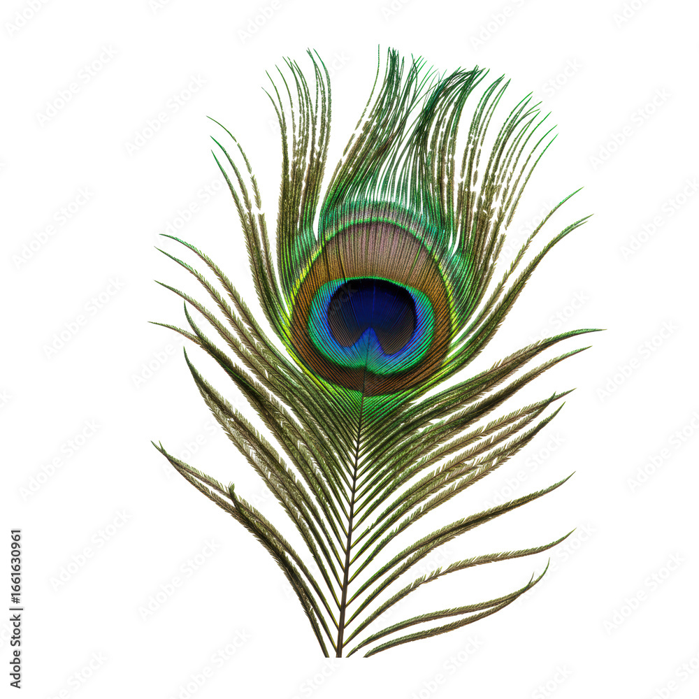 Obraz premium Iridescent peacock feather, green, blue, gold hues, 'eye' pattern, texture, isolated on white background, studio light. Concept of nature study