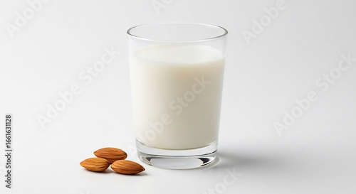 Lait amande frais verre clair eclairage doux. AI Generated