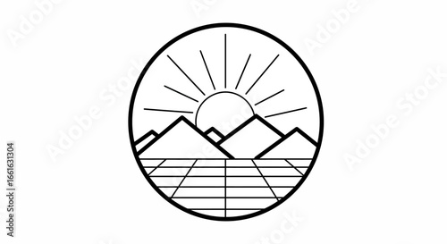 Minimalist line art depicting a sun rising over stylized mountains and a gridded landscape, enclosed in a circle.