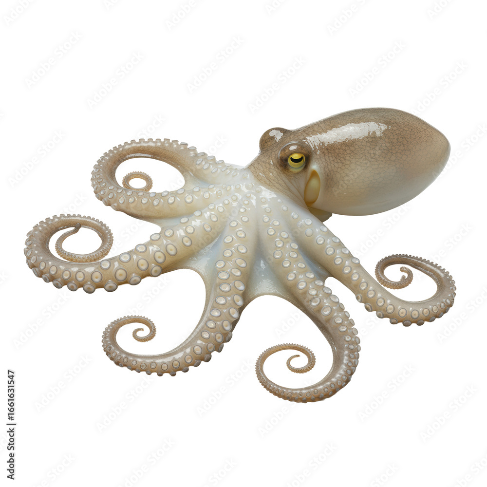 Obraz premium Adult bioluminescent octopus, webbing, blue-green glowing suckers, on transparent background, diffuse studio lighting, ultra photorealistic scientific product photography