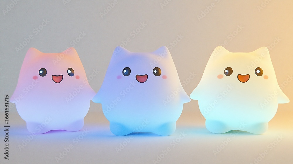 Fototapeta premium Row of three cute, glowing, stylized cat-shaped lights. Pastel colors and happy expressions.