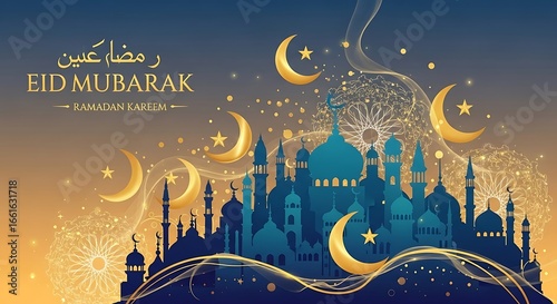 Golden Crescent Moons and Mosques Celebrate Eid Mubarak