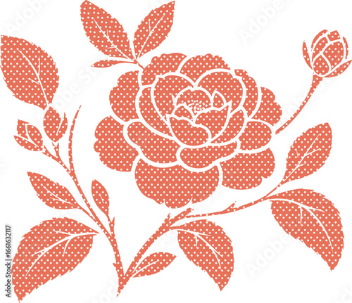 Elegant coral rose with polka dots vector, blooming on a branch with leaves, perfect for spring and summer designs.