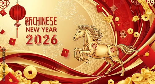 Golden Horse Leaping into Chinese New Year 2026 Celebration with Lanterns and Lucky Coins