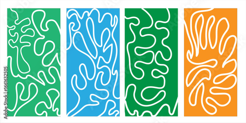 Organic fluid doodle curved wiggling lines, stripes, waves vector backgrounds set. Liquid, funky chaotic ornaments, groovy hippie patterns collection. Uneven hand drawn wavy, winding twisted lines