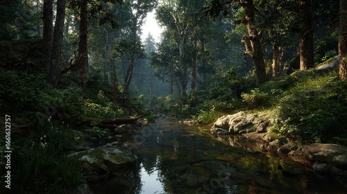 Serene Forest Stream Embraced by Sunlight, Reflecting the Lush Woodland Canopy Overhead Beautifully