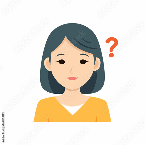 Female character cartoon with question mark symbolizing doubt and seeking answers