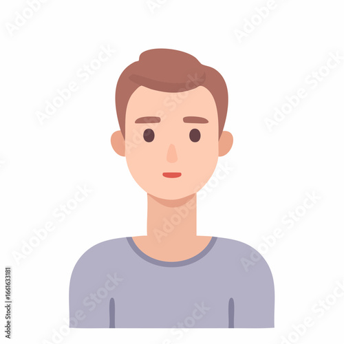 Flat design portrait of fairskinned person with brown hair in gray shirt against plain white background avatar illustration vector style