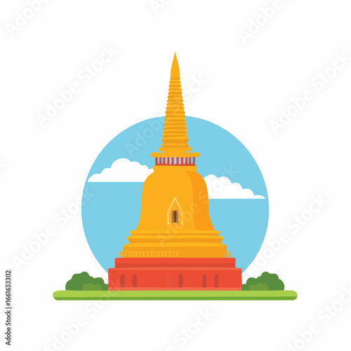 Golden Buddhist Pagoda Surrounded by Lush Greenery and Sky with Clouds Flat Vector Illustration