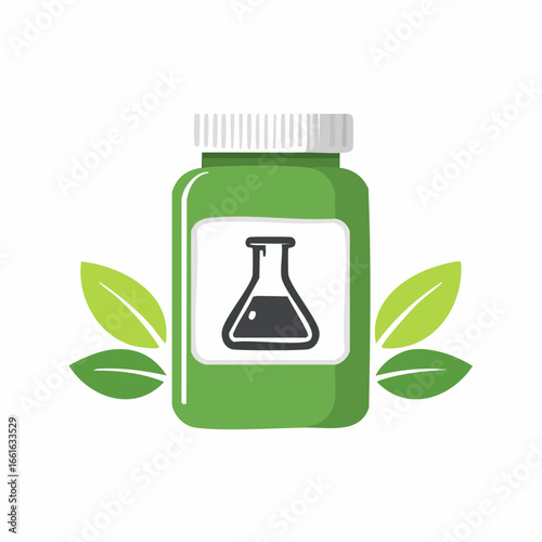 Green bottle with Erlenmeyer flask and leaves for natural medicines