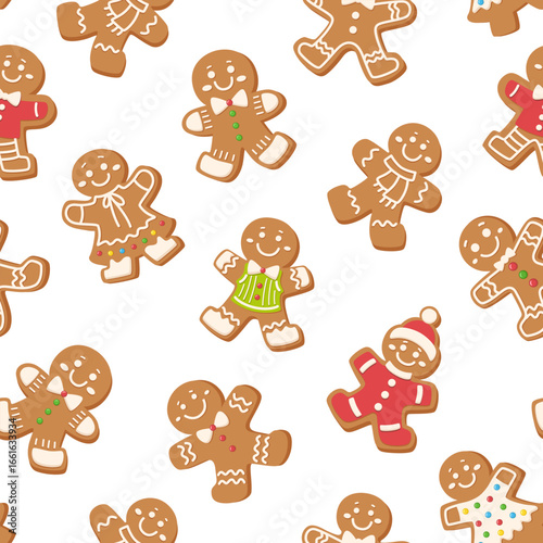 Seamless Christmas gingerbread pattern. Cartoon holiday background with gingerbread men. Vector print for holiday decoration, wrapping paper and textile.
