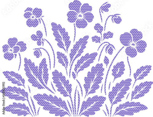 Elegant purple pansies and leaves with a polka dot pattern vector illustration, ideal for textile design, wallpaper, or greeting cards. Perfect vintage or retro style.