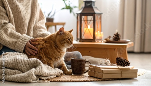 Cozy Moment: Ginger Cat Enjoying Comfort and Relaxation Near Warm Light