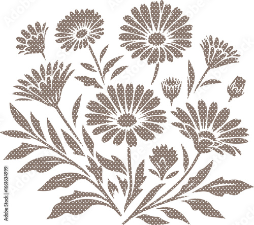 A stylish bouquet of calendula flowers in a taupe polka dot pattern vector illustration. Perfect for textile design, wallpaper, and more.