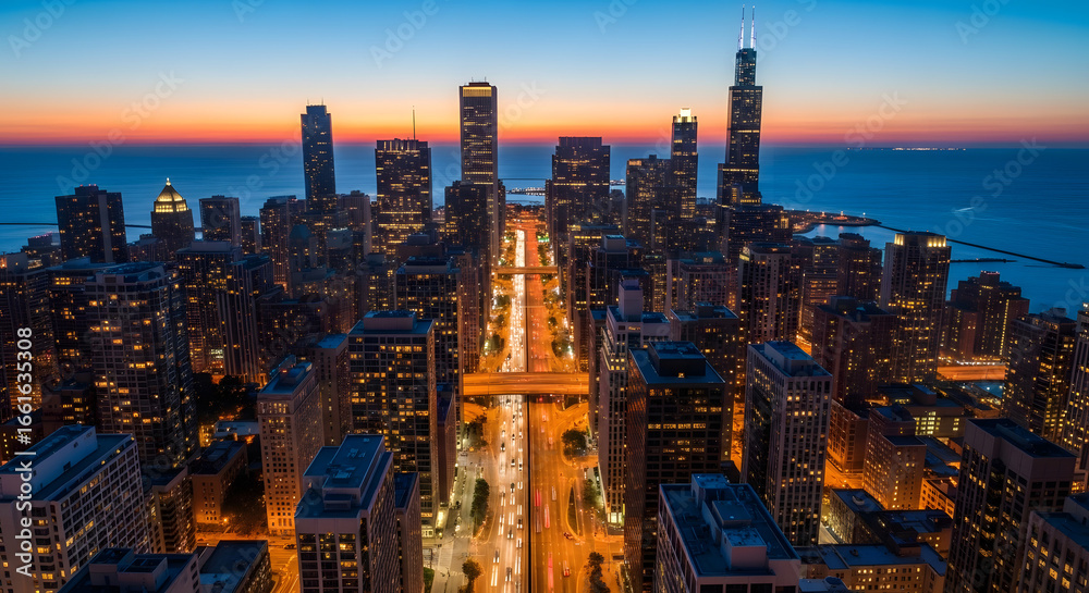 Obraz premium Chicago City Skyline at Sunset with Illuminated Streets