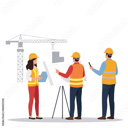 Professional engineers and architects collaborate on a building project, meticulously reviewing blueprints and plans at a dynamic construction site.